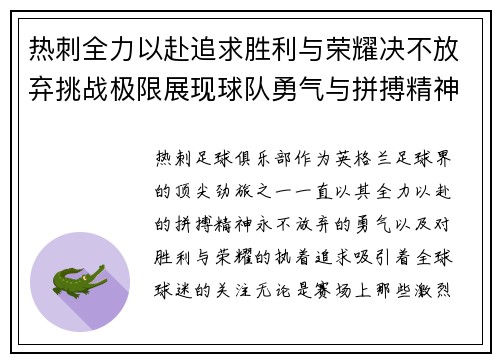热刺全力以赴追求胜利与荣耀决不放弃挑战极限展现球队勇气与拼搏精神