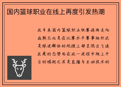 国内篮球职业在线上再度引发热潮
