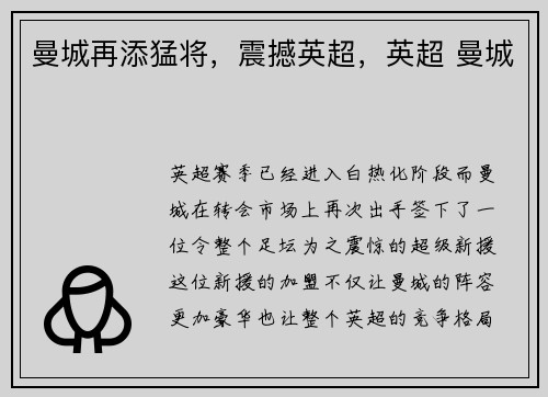 曼城再添猛将,震撼英超,英超 曼城