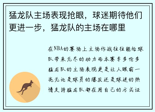 猛龙队主场表现抢眼,球迷期待他们更进一步,猛龙队的主场在哪里