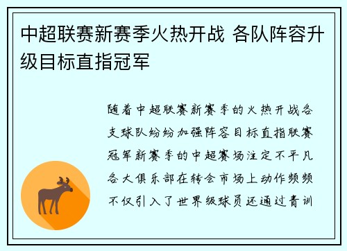 中超联赛新赛季火热开战 各队阵容升级目标直指冠军