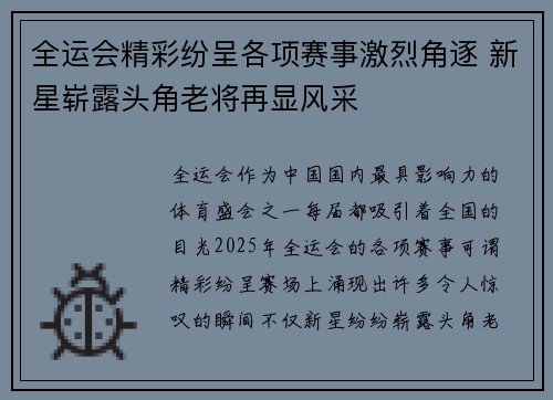全运会精彩纷呈各项赛事激烈角逐 新星崭露头角老将再显风采